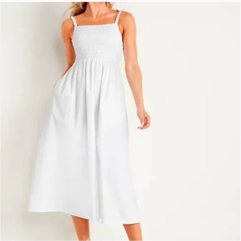 Fit & Flare Smocked-Bodice Cut-Out Midi Dress with Pockets